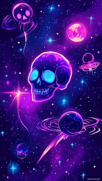 Neon skull drifting through outer space inspired by Neon skull in space wallpaper.