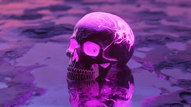 Neon skull floating over reflective concrete with purple streaks.