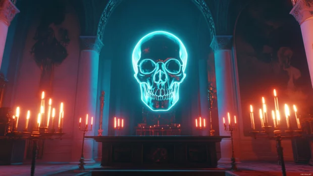 Neon skull glowing above altar with flickering lights.