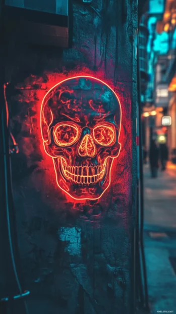 Neon skull graffiti burning against city walls.