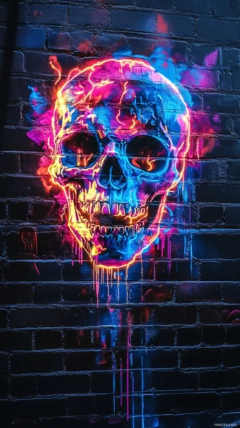 Neon skull graffiti melting down city wall.