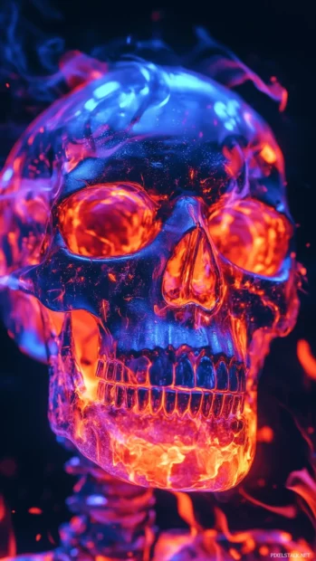 Neon skull, orange red flames, black background, vivid colors.
