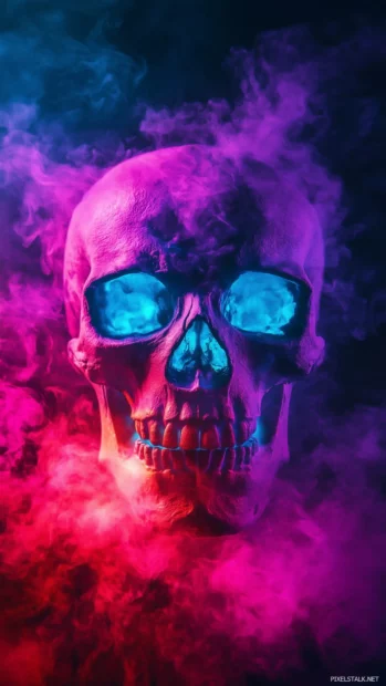 Neon skull, purple blue outlines, smoky effects, dark background.