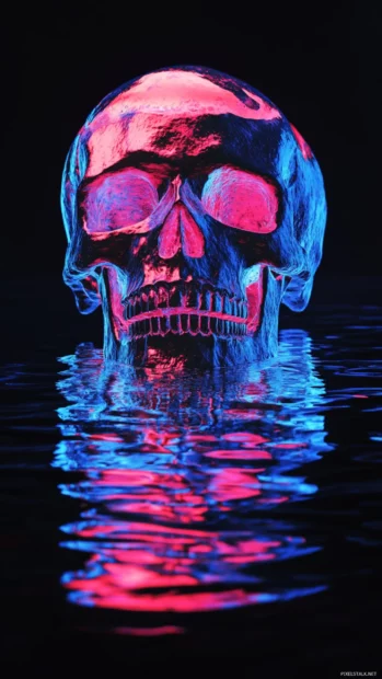 Neon skull reflected in dark water surface.