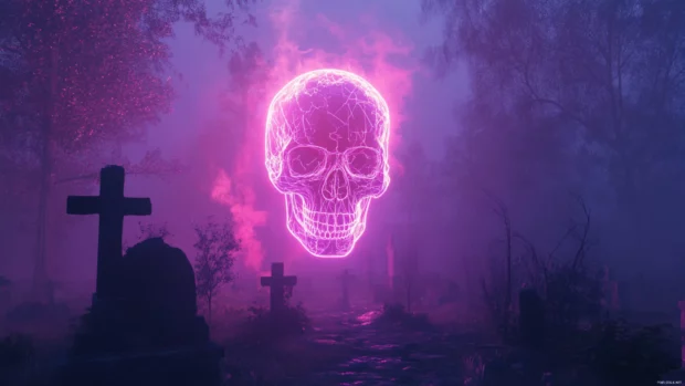 Neon skull rising from misty graveyard.