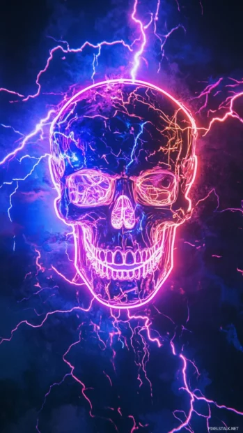 Neon skull silhouette framed by electric lightning.