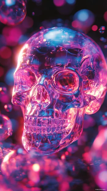 Neon skull surrounded by floating holograms.