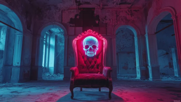 Neon skull throne glowing in abandoned castle.