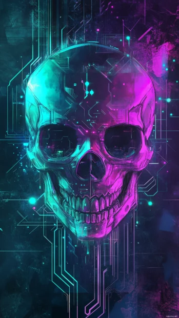 Neon skull with circuit patterns, glowing purple and teal, futuristic design.