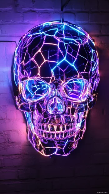 Neon skull with cracked electric patterns.