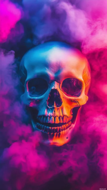 Neon skull with glowing accents, abstract smoke, surreal and electric feel.