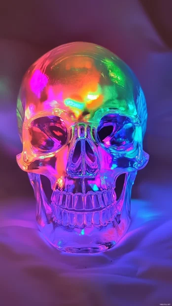 Neon skull with iridescent glow, rainbow highlights, dark textured background for contrast.