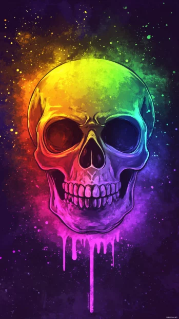 Neon skull with rainbow highlights, iridescent glow, textured dark background.