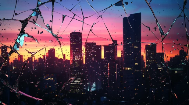 Neon skyline reflecting across shattered black glass.
