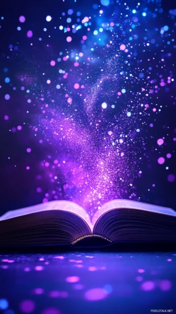 Neon sparkles rising from open book in purple light.