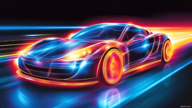Neon sports car sleek, glowing electric blue red accents, dark city street racing, motion blur, vibrant neon lights.