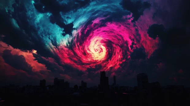 Neon storm swirling across black skyline.