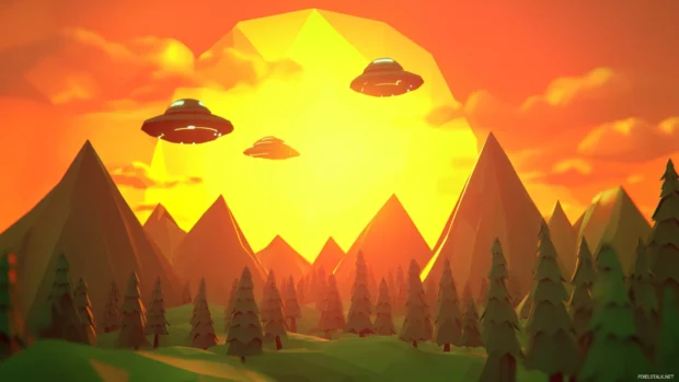 Neon sun setting behind low poly mountains with flying saucers.