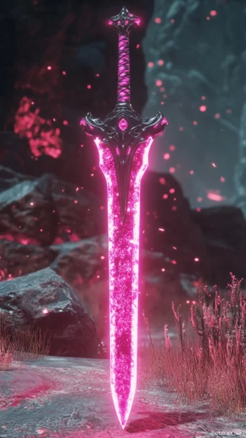 Neon sword gleaming in crimson battlefield.