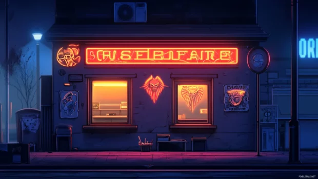 Neon tattoo parlor shining on shadowy corner.