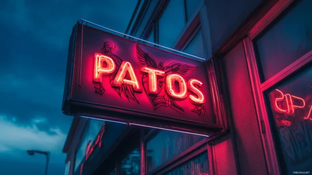 Neon tattoo parlor sign glowing faintly at dawn.
