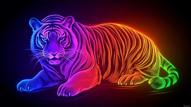 Neon tiger fierce, glowing lines orange blue green, dark abstract background, powerful eyes fur.