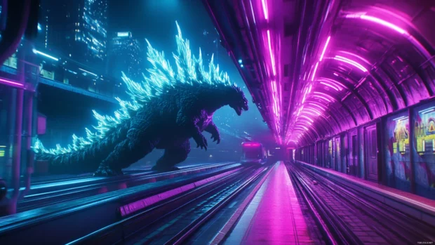 Neon trails follow Godzillas tail across a futuristic train station.