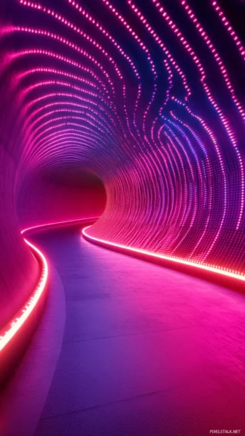 Neon tunnel with pixel lights curving into the distance.