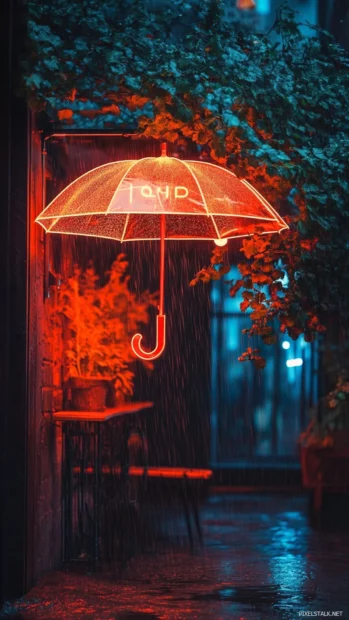 Neon umbrella shop sign sparkling after rain.