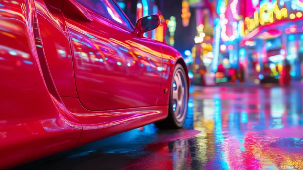 Neon underglow car, chrome body reflections, futuristic neon road, glowing streetlights buildings.