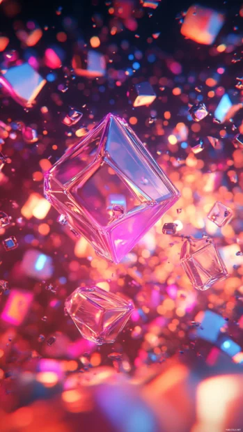 Neon vortex with scattered light fragments and translucent shapes, full of trippy aesthetic energy.