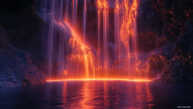 Neon waterfalls cascading down molten cliffs.