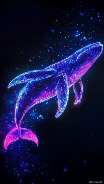 Neon whale diving into black sea.