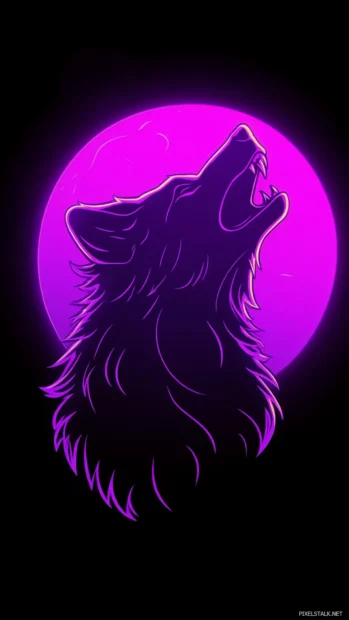 Neon wolf howling at violet moon.