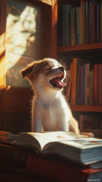 Nestled among storybooks, a cute puppy yawns as sunlight streams in.