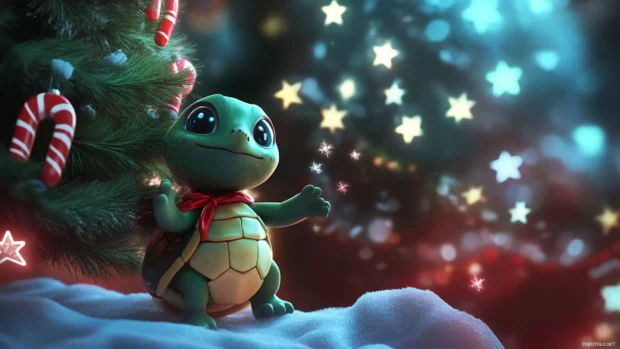 Next to a candy cane tree, a joyful Tidy Turtle twirls around sparkly stars.