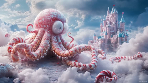 Next to a candy cane tree, a magical Happy Octopus builds castles from clouds.