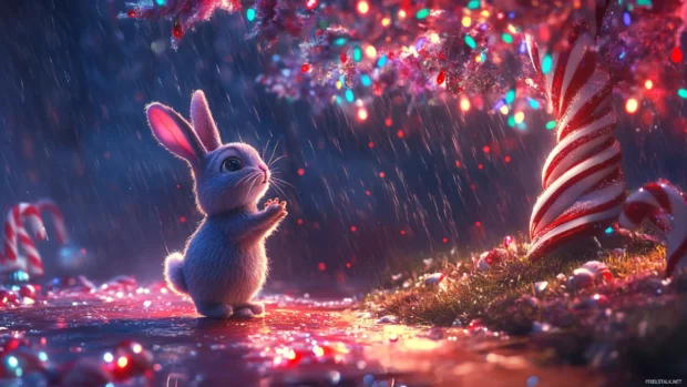 Next to a candy cane tree, a magical Jumping Bunny dances through colorful rain.
