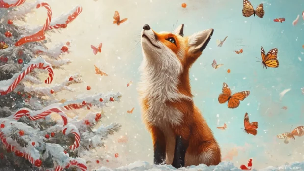 Next to a candy cane tree, an adventurous Clever Fox sings with birds and butterflies.