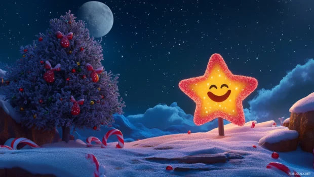 Next to a candy cane tree, the Twinkling Star smiles under the gentle moonlight.