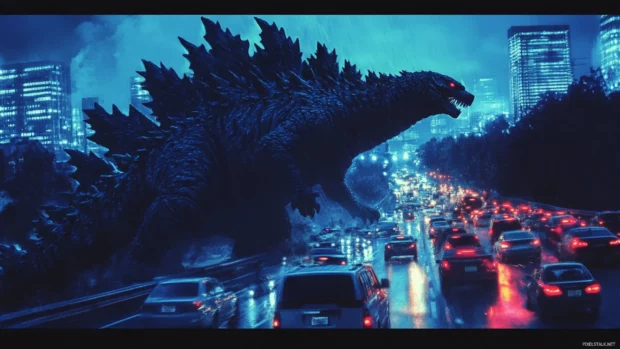 Night chase scene with Godzilla pushing through panicking traffic.