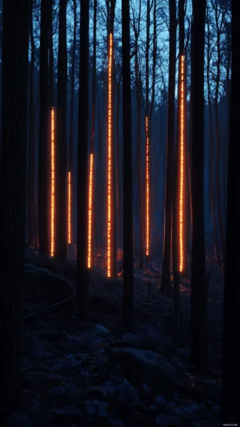 Night forest illuminated by thin lines of neon.