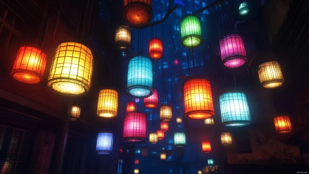 Night market in a cyberpunk district, illuminated by hanging lanterns infused with nanotech.