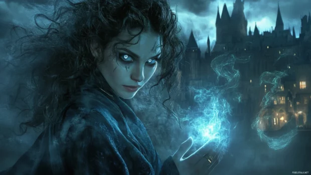Night scene in Hogwarts featuring Bellatrix Lestrange, glowing with spell effects.