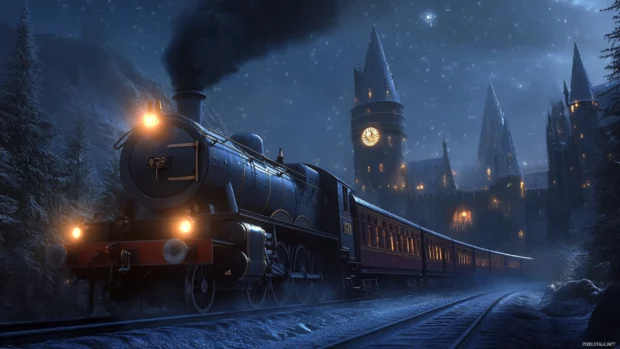 Night scene in Hogwarts featuring Hogwarts Express, glowing with spell effects.