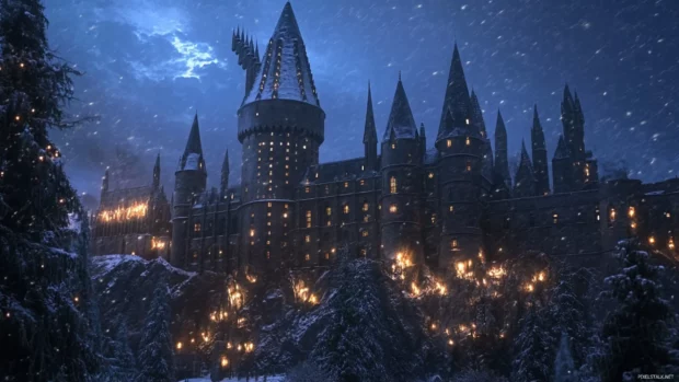 Night scene in Hogwarts featuring Ravenclaw Tower, glowing with spell effects.