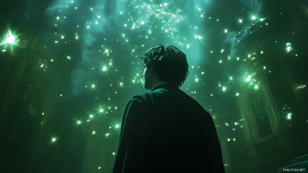 Night scene in Hogwarts featuring Remus Lupin, glowing with spell effects.