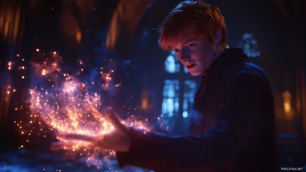 Night scene in Hogwarts featuring Ron Weasley, glowing with spell effects.