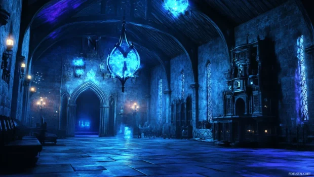 Night scene in Hogwarts featuring Room of Requirement, glowing with spell effects.