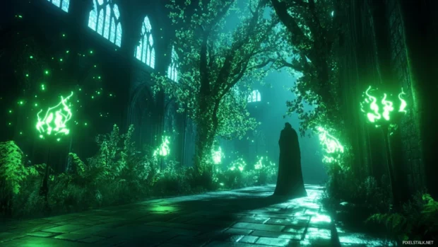 Night scene in Hogwarts featuring The Forbidden Forest, glowing with spell effects.